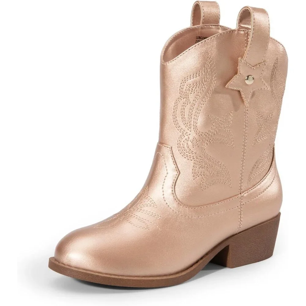 ⚡Girls Rose Gold Cowgirl Boot With Low Heel Western Embroidered Fashion Mid Calf